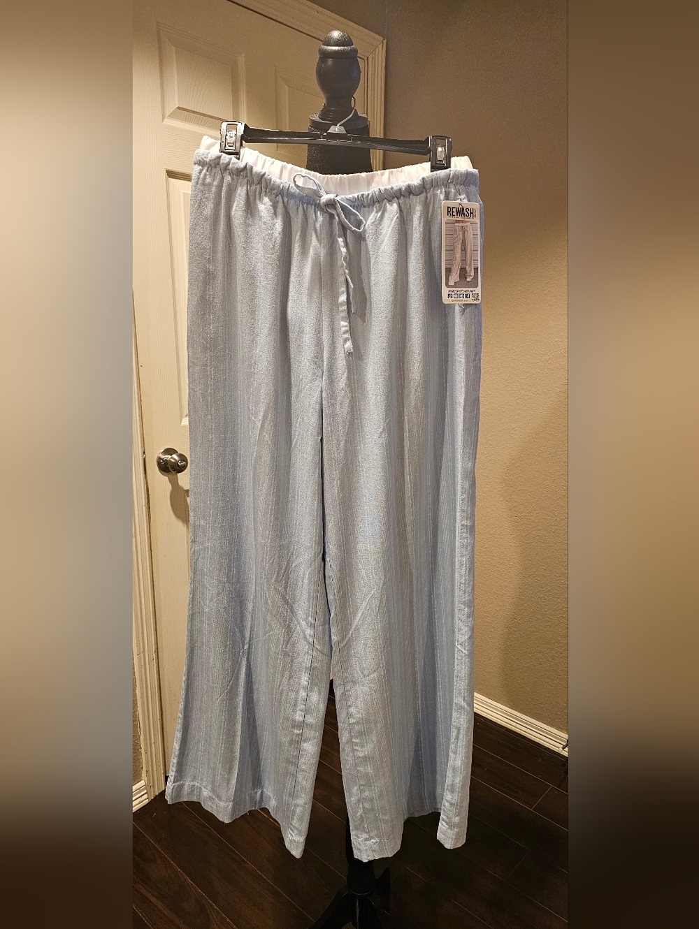 Linen Blend Light Blue Drawstring Wide Leg Pants With Subtle White Lines